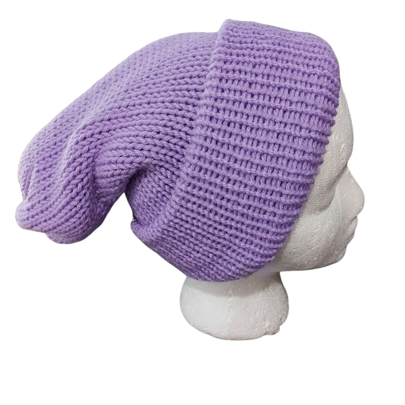 Hand Knit Unisex  Reversable Slouchy Hat In Shades Light Grey & Lilac - Picture 10 of 11